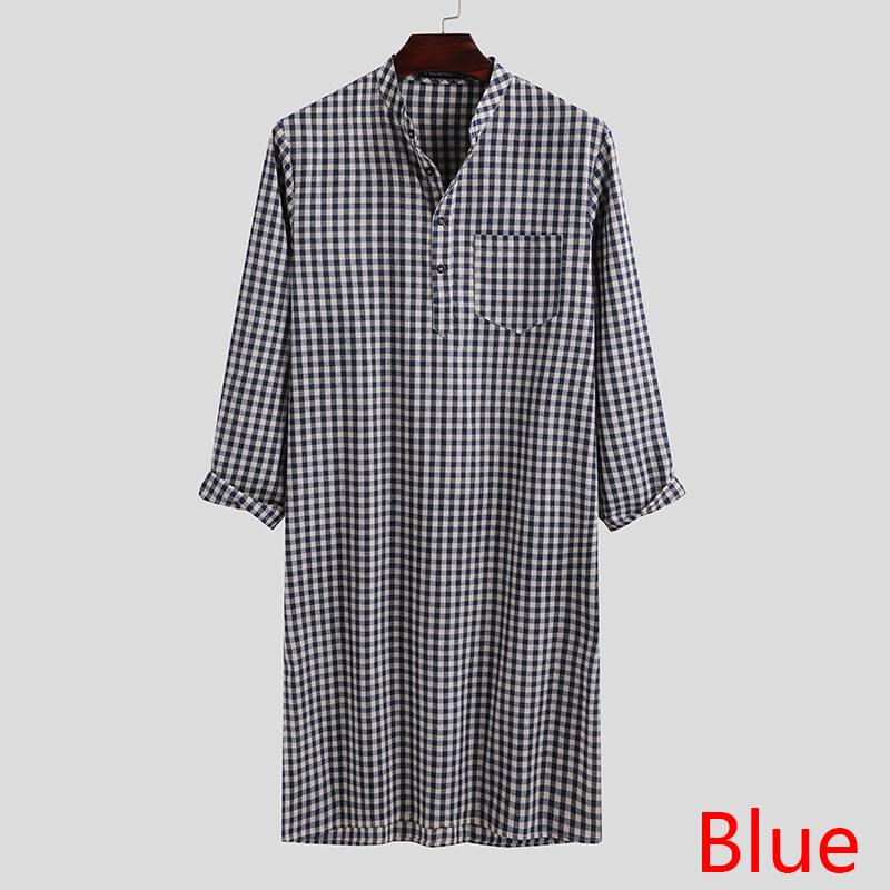 Incerun vintage lange overhemden heren geruite overhemden lange mouwen opstaande kraag camisa man losse knopen zak islamitische arabische tops: Blauw / Xl