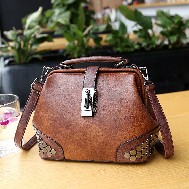 Retro All-match Lock Shoulder Bag Women's Riveting Nail Shoulder Bag Women: Dark Brown