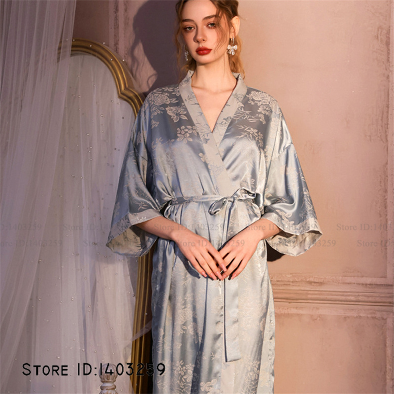 Chinese Style Jacquard Long Robe Nightgown Silk Satin Kimono Bathrobe Gown Spring Summer Sleepwear Home Dress Pajama