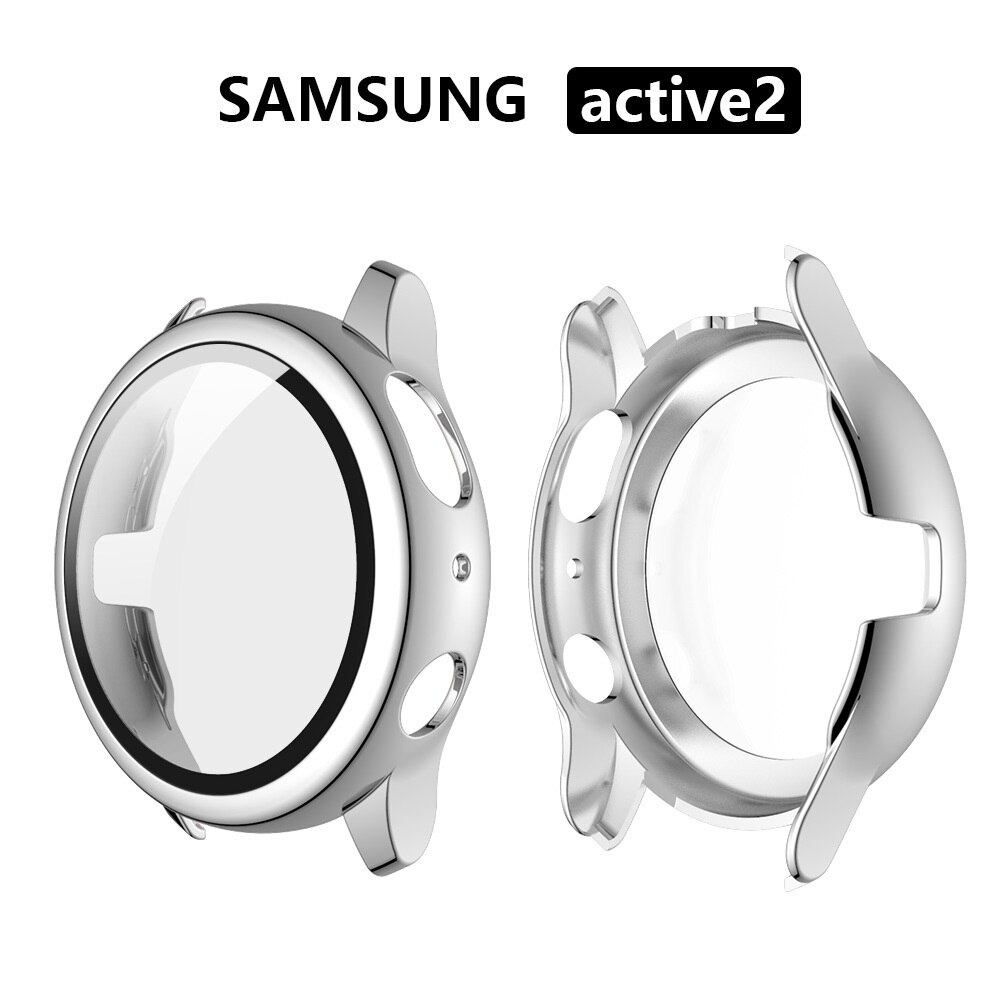 active 2 watch case for samsung galaxy watch active 2 40mm 44mm Screen Protector 9H Tempered glass Plated PC case for active2: silver / active 2 44mm
