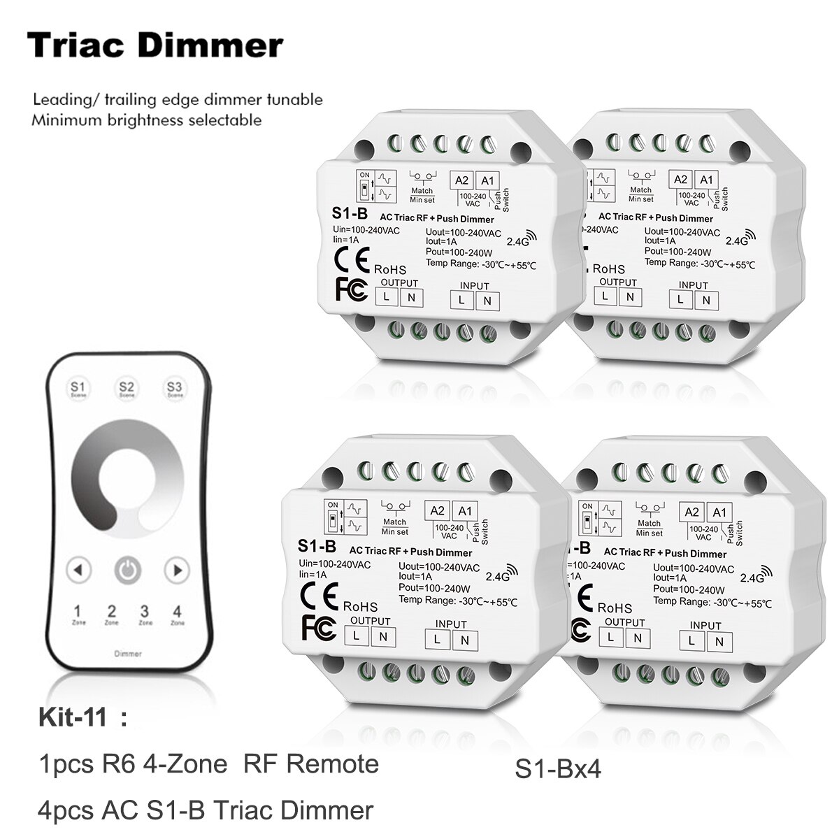 Interruptor de atenuación inalámbrico LED Triac de AC110V-220V, control remoto de atenuación táctil de 4 zonas para LED de un solo Color, 2,4G, S1-B