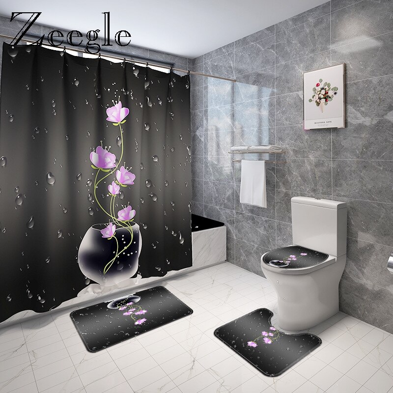 Gedrukt Bloemen Badmat En Douchegordijn Set Microfiber Wc Cover Badmat Badkamer Voet Mat Absorberende Wc Vloer Tapijt