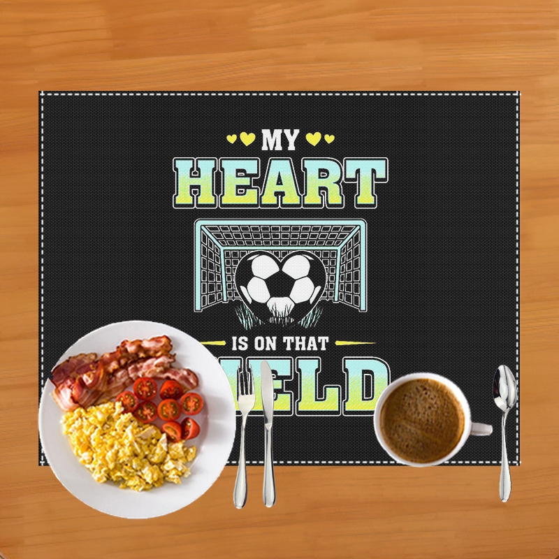 Mantel Individual con estampado de campo de fútbol, alfombrilla de lino para mesa de comedor, almohadillas para tazas de café, accesorios de cocina: Negro