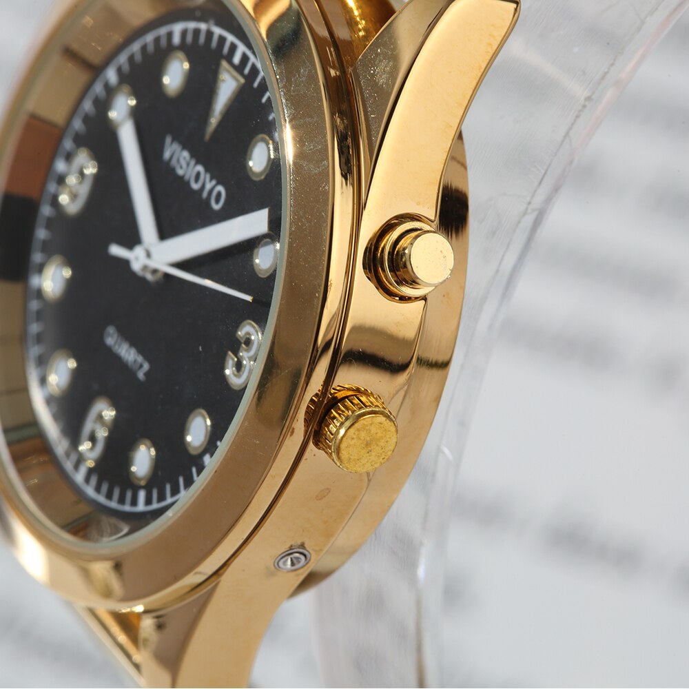 Montre parlante anglaise avec fonction d'alarme, Date et heure parlantes, cadran noir, fermoir pliant, étiquette de boîtier en or-701