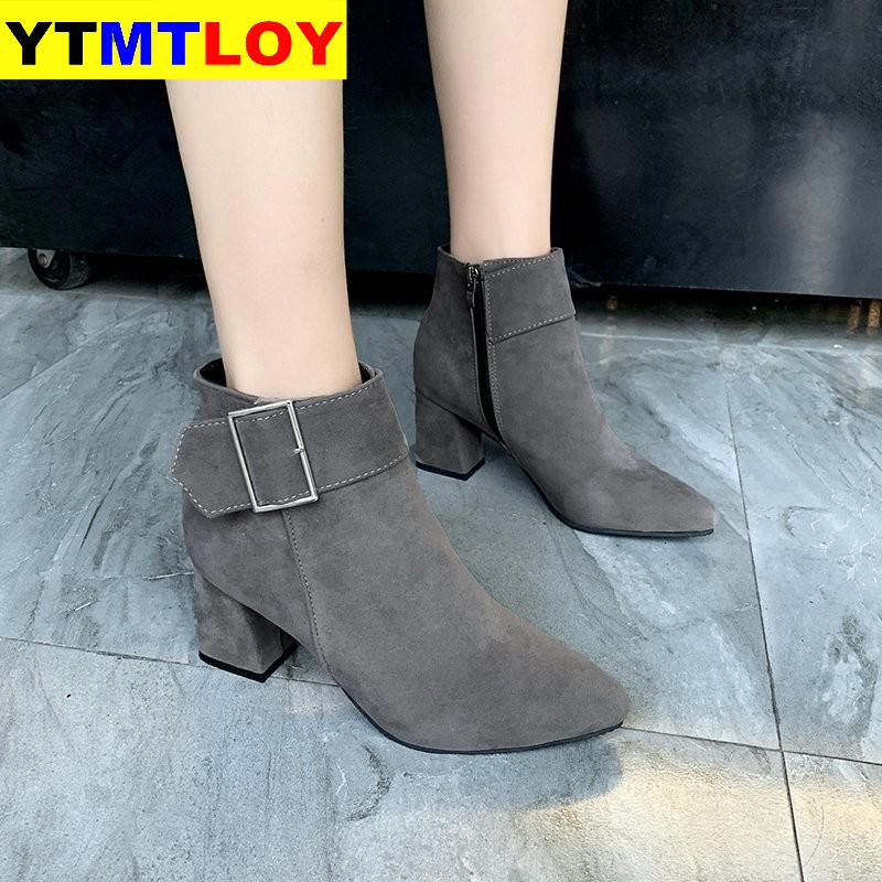 Winter Schoenen Gesp Enkellaarsjes Vrouw Sneeuw Schoenen Faux Suede Booties Wees Teen Blote Laarzen Chunky Hakken Maat 35-40