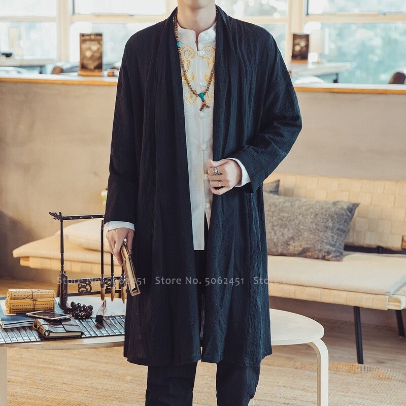 Aziatische Kleding Mannen Chinese Tang Pak Kung Fu Hanfu Gewaden Gown Japanse Kimono Haori Middeleeuwse Ridder Viking Jassen Vest Blouse: Black / XXXL