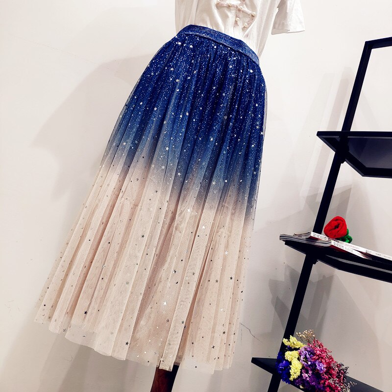 Falda de tul de Color degradado para mujer, falda larga plisada de cintura alta, línea A, falda rosa de tutú,: Apricot blue