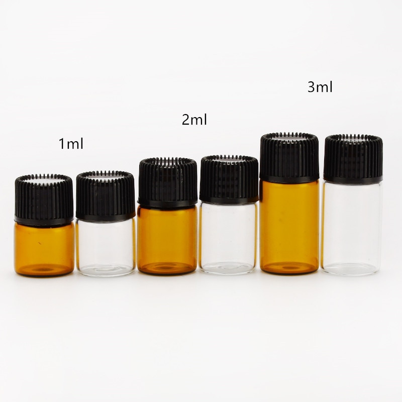 10 Uds. 1/2/3 ML PVC ámbar botella de aceite esencial vidrio delgado pequeños frascos de aceite de Perfume marrón botella de prueba con reductor de orificio