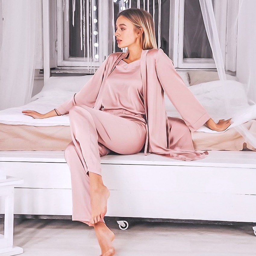 HiLoc Pink Satin Robe Sets Winter 3 Piece Set Silk Sleepwear Women Pajamas With Pants Sashes Long Sleeve Suit Sets Home Wear