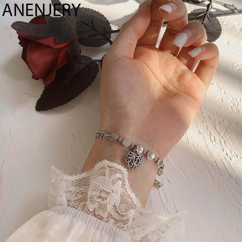 Anenjery Vintage Handgemaakte Liefde Hart Armband Bangles Voor Vrouwen Mannen Paar Armband Dikke Ketting Thai Zilveren Kleur Sieraden S-B418