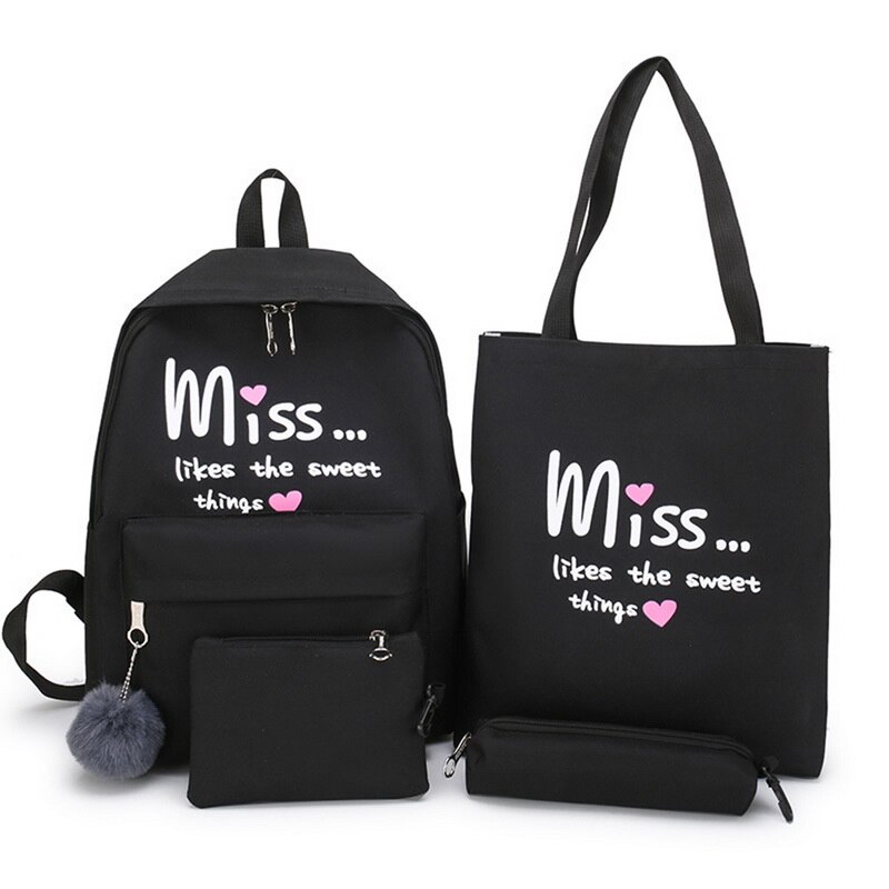 Litthing Usb Opladen Canvas Rugzak 3 Stks/set Vrouwen School Rugzakken Schooltas Voor Tieners Man Student Boek Tas Jongens Satchel: BLACK 2