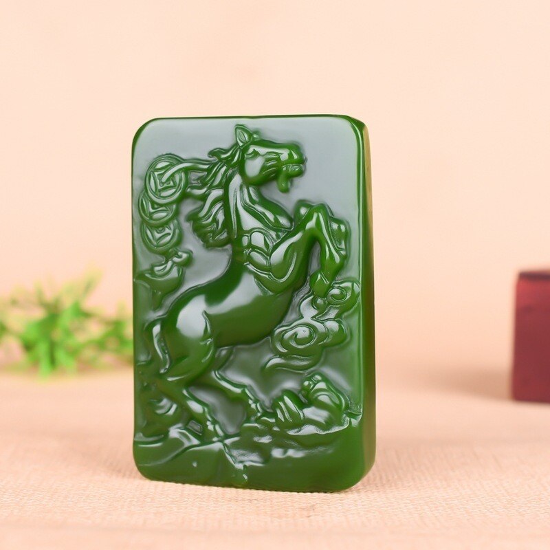 Zodiac Horse Green Jade Pendant Necklace Chinese Hand-Carved Natural Charm Jewelry Amulet Accessories for Men Women