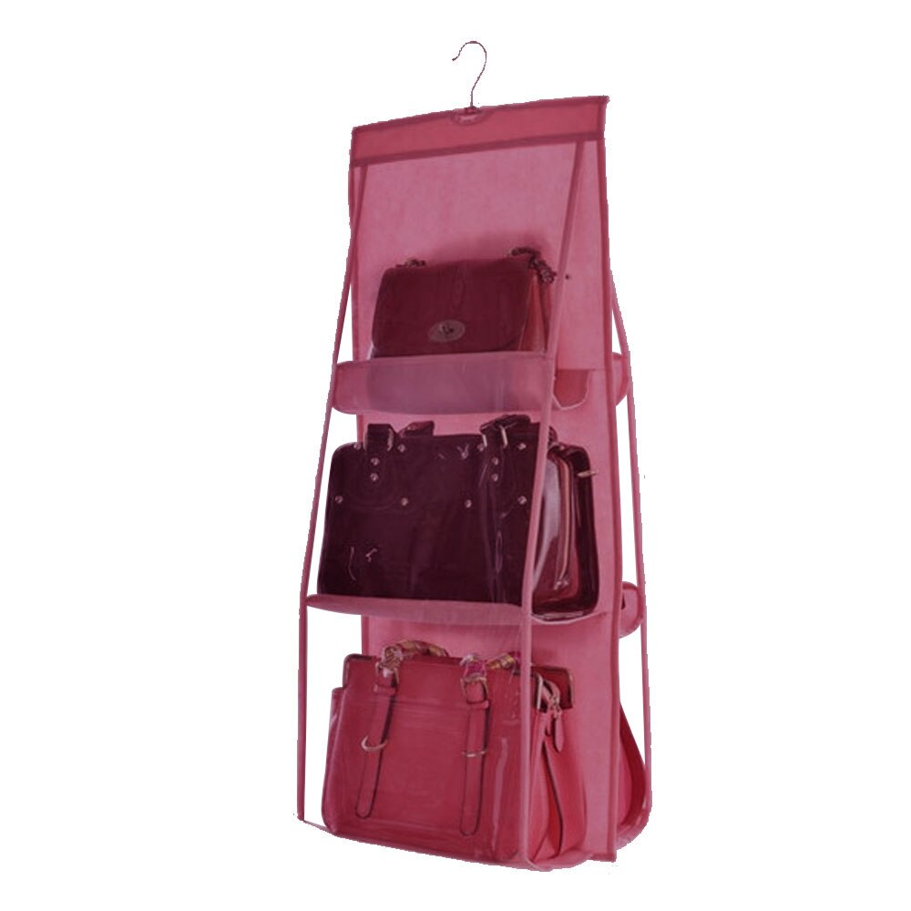 6 lomme hængende håndtaske arrangør til garderobeskab gennemsigtig opbevaringspose dørvæg klar diverse sko taske med bøjlepose: Fushia