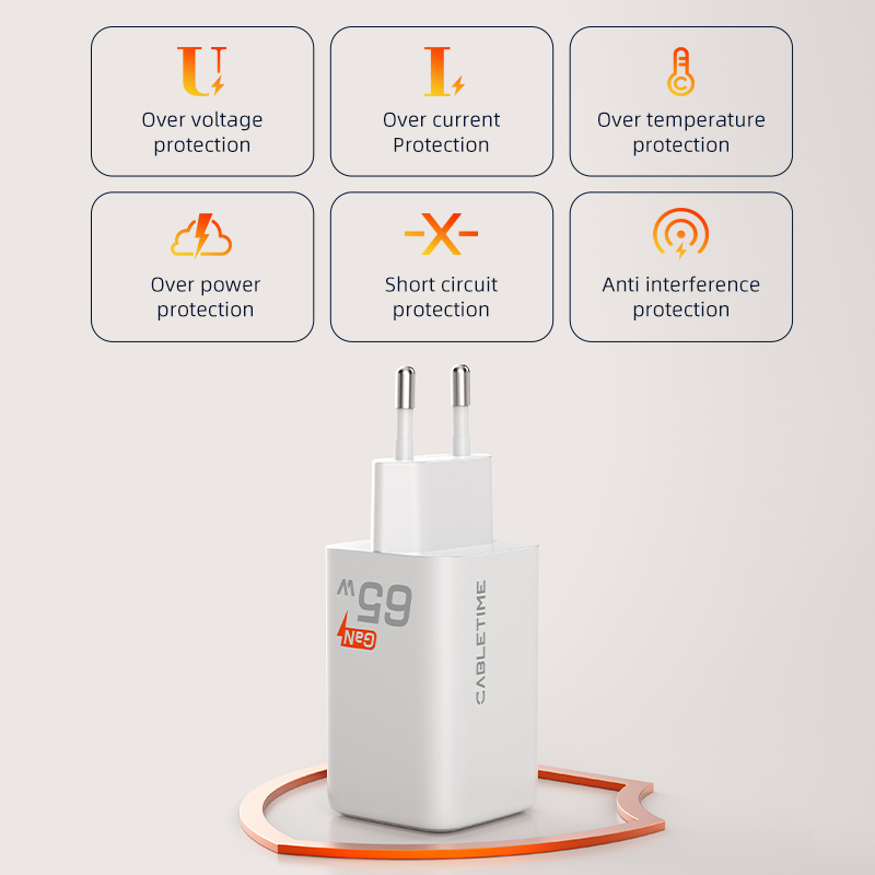 Cabletime pd-oplader gan 65w pd  qc 3.0 snellader type c telefoonoplader usb-c snelladen voor iphone 16 pro macbook laptop
