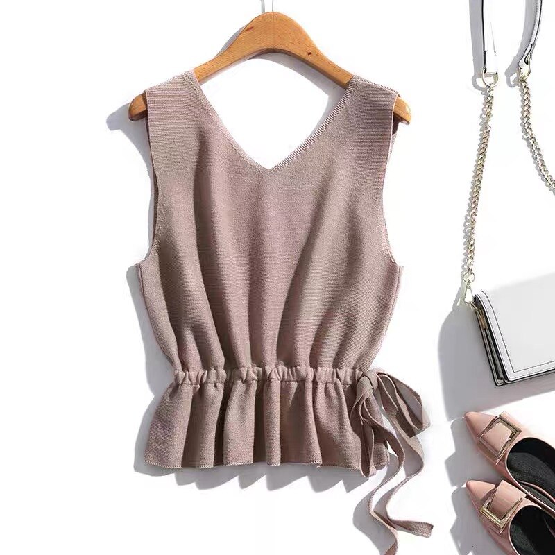 2020 mais recente estilo primavera verão outono feminino selvagem decote em v sem mangas de malha intelectual cordão camisola colete sólido: Camel-csMJ / L