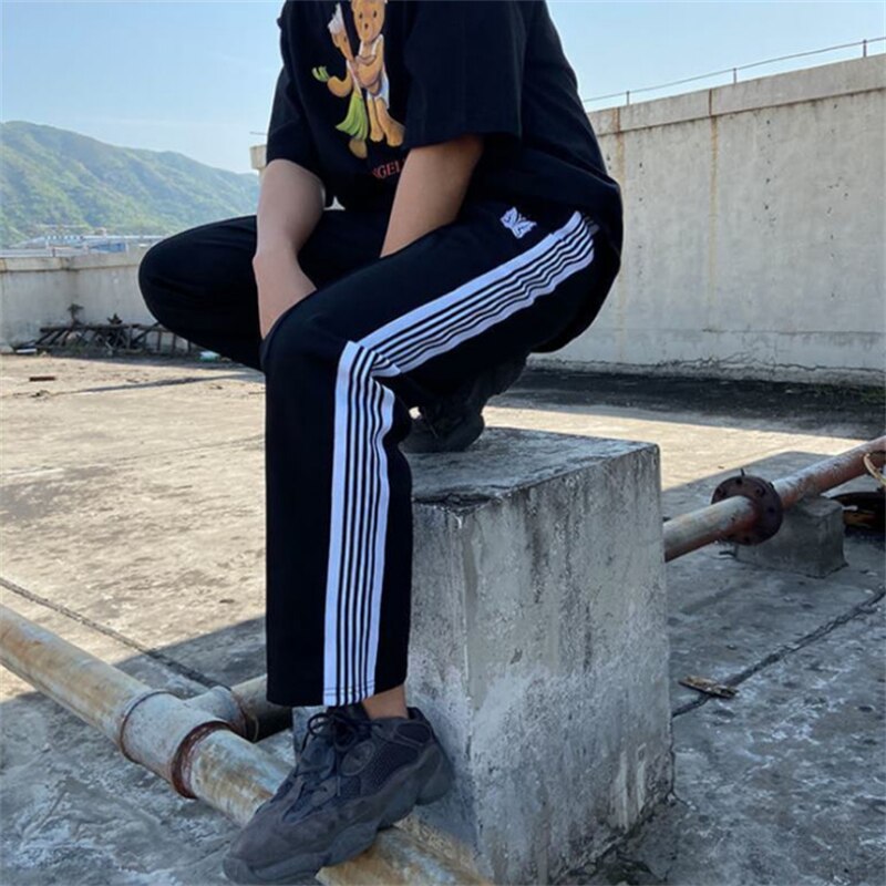 Jogging Streetwear AWGE à aiguilles, pantalon de survêtement à rayures avec fermeture éclair, broderie papillon, pour l&#39;extérieur
