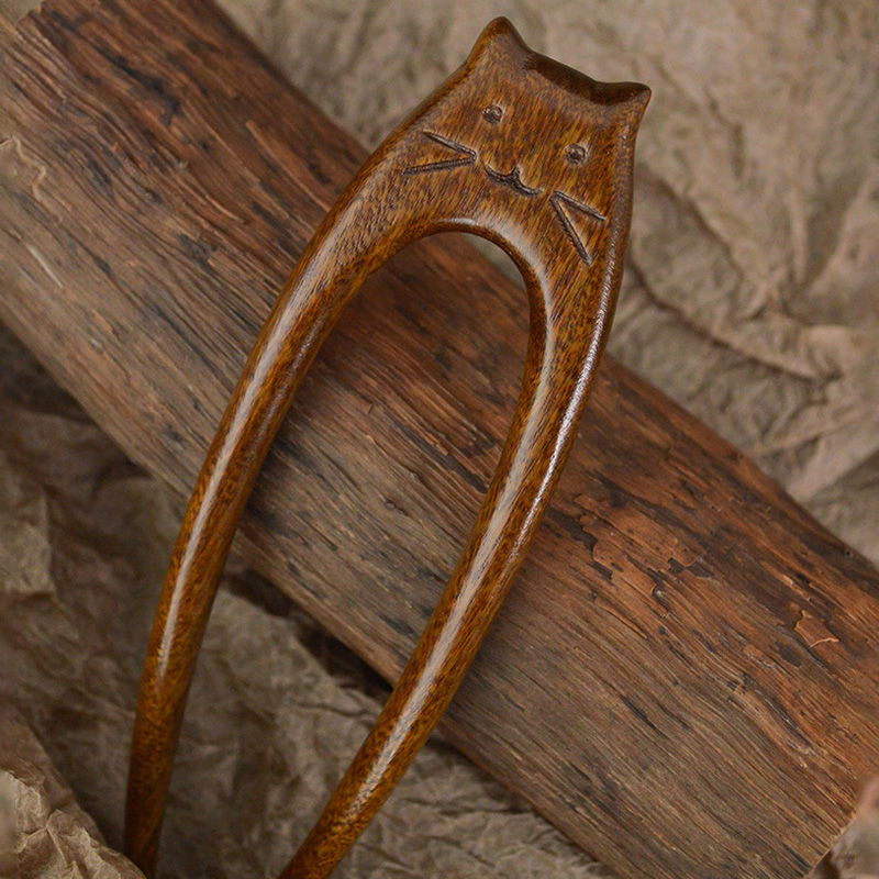 Palillos para el cabello con de gato chino, tenedores para el cabello de madera en forma de U para mujeres y niñas, horquillas Hanfu, tocados, accesorios para el cabello