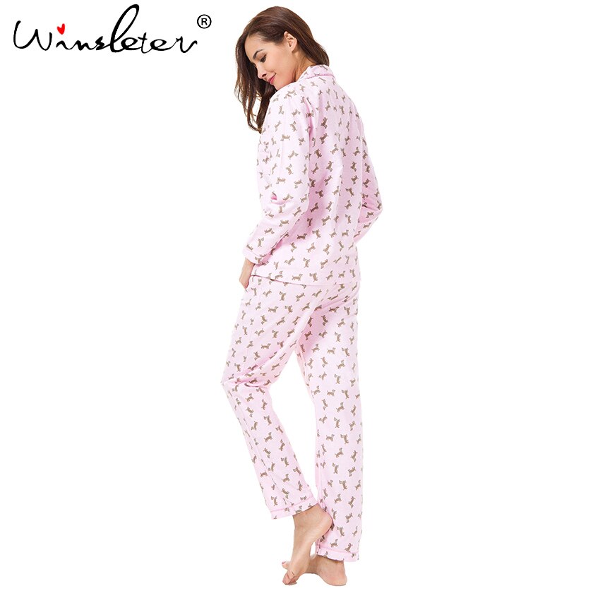 Roze Pyjama Sets Vrouwen Schattige Teckel Print 2 Stuks Set Lange Mouw Top Elastische Taille Broek Geborsteld Katoenen Pyjama s7N002