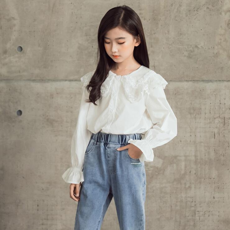 Camisa blanca de manga larga para niñas, blusa de algodón con cuello de encaje para chicas adolescentes, ropa para niños de 6, 8, 10, 12 y 14 años