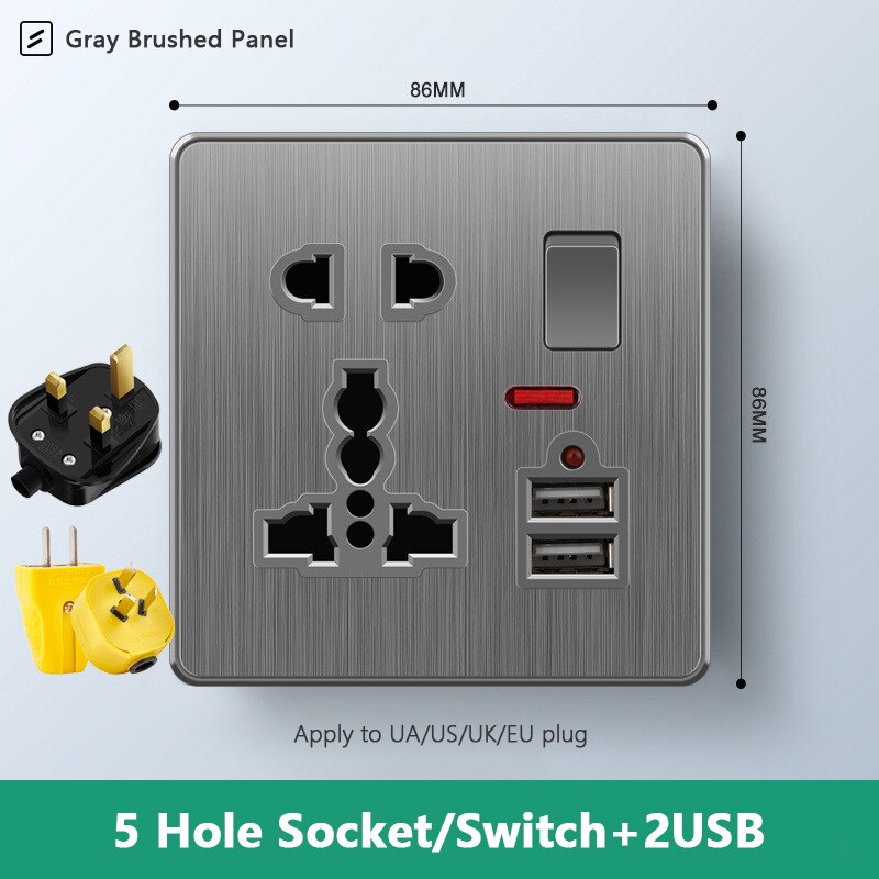 Atlectric Usb Wall Socket Standard Electrical Socketes Gray brushed Panel Multi-function Socket With Switch For Home AC110-250V: 5HD2U1GL