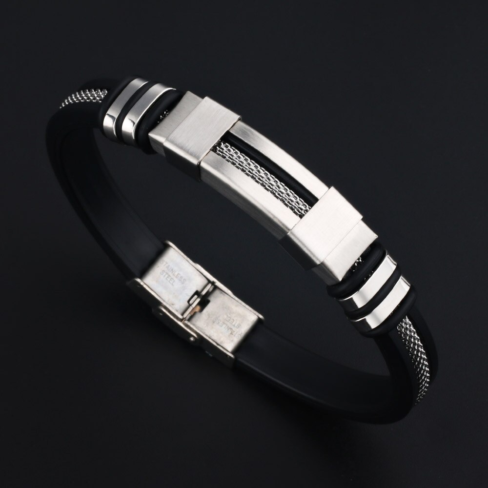 Stainless Steel Silicone Bracelet Men's Charm Metal Folding Buckle Bracelet Trend Jewelry
