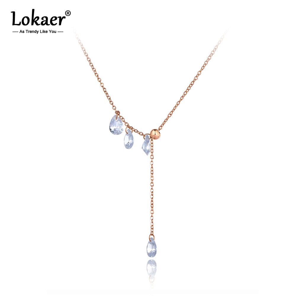 Lokaer, , estilo de oficina, acero inoxidable, gota de agua, CZ, gargantilla de cristal, collar con colgante de oro rosa para mujeres N20109