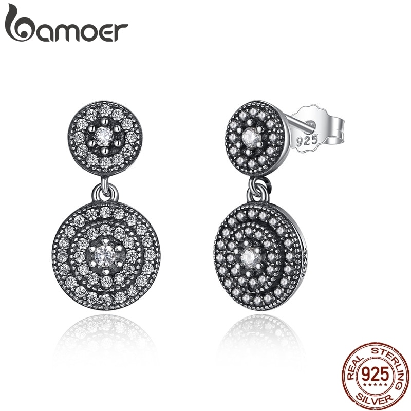 BAMOER 925 Sterling Silver Radiant Elegance Earrings Clear CZ Crystals Surrounded Ancient Silver Women Earings PAS471