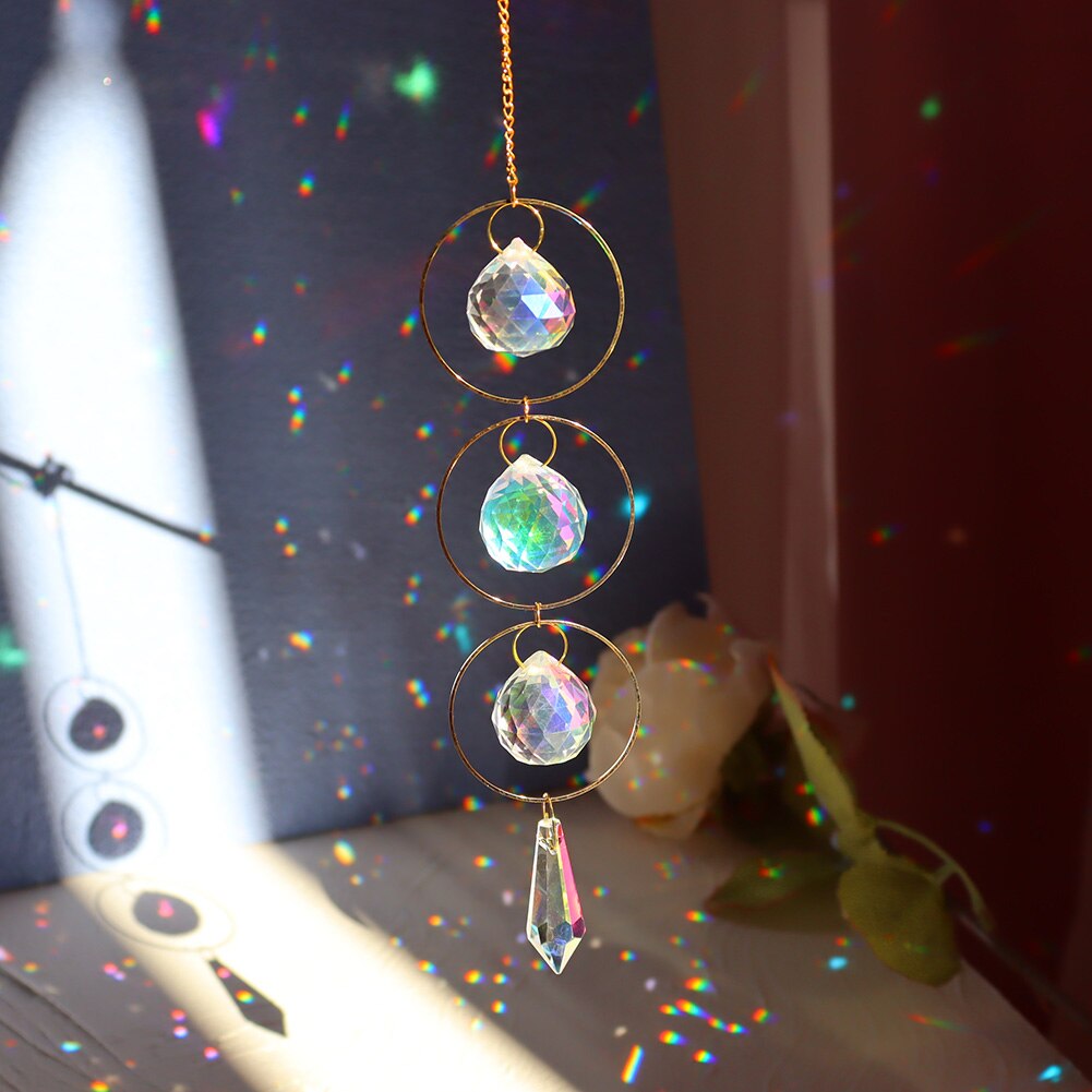 Crystal Wind Chime Star Moon Pendant Geometric Sun Catchers Gold Plated Hanging for Garden Window Wedding Curtain Decor