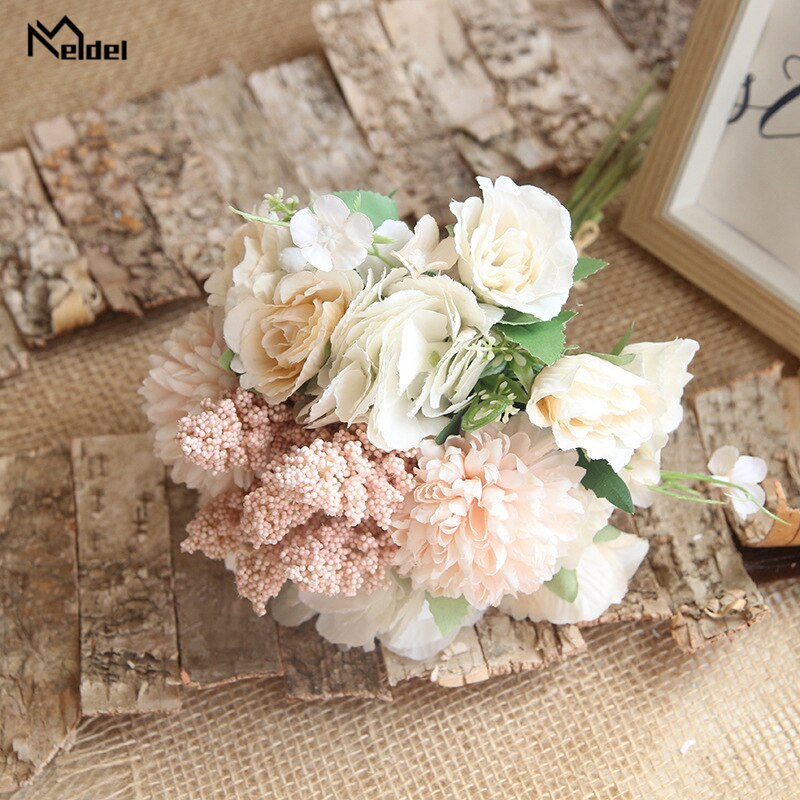 Meldel sztuczne róże piwonia bukiety ślubne dla druhen biały jedwab ślubny kwiat bukiet ślubny sztuczna dekoracja w kwiaty: szampan