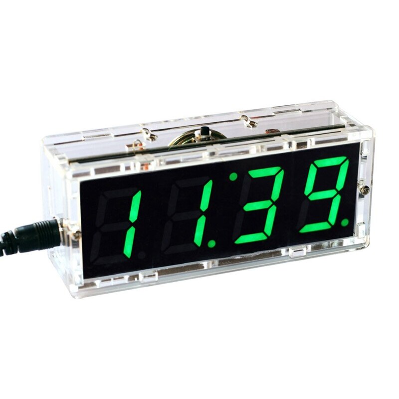 -Compact Digital 4-Digit Led Talking Clock Diy Kit Light Control Temperature Date Time Transparent Showcase (Green)