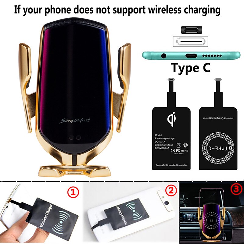 Snel Opladen 10W Wireless Car Charger S5 Automatische Spannen Telefoon Houder In Auto Draadloze Chargerfor IPhone Huawei Samsung: R1 Gold Type C