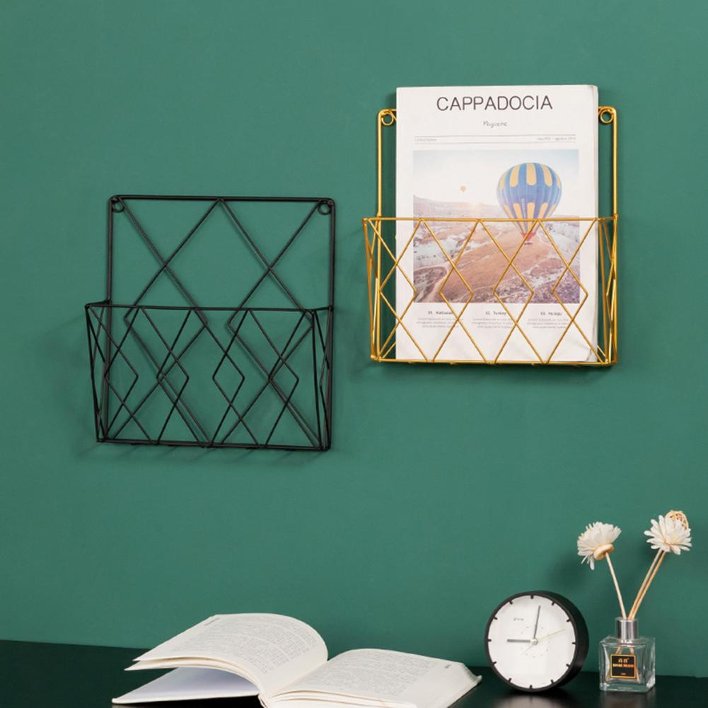 Household Wrought Iron Wall Shelf Modern Style Space-saving Chic Grid Room Wall Mounted Magazines Storage Rack Supplies