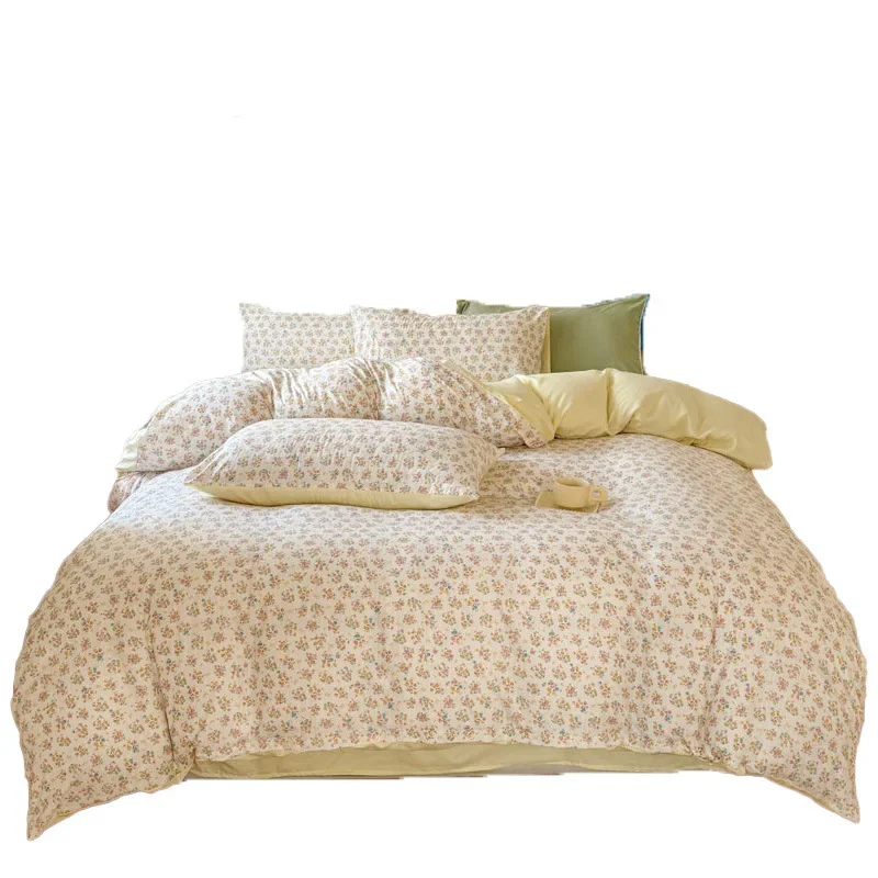 Blomstertrykket rynket bomullssengesett 4- -delt søtt, mykt og komfortabelt dynetrekk dobbelt enkelt laken til voksne