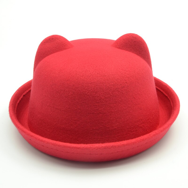 Cute child bowler hat wool felt Fedora hats for Women Girls Children solid Cat Ear formal cap trilby Sombrero Derby: Red