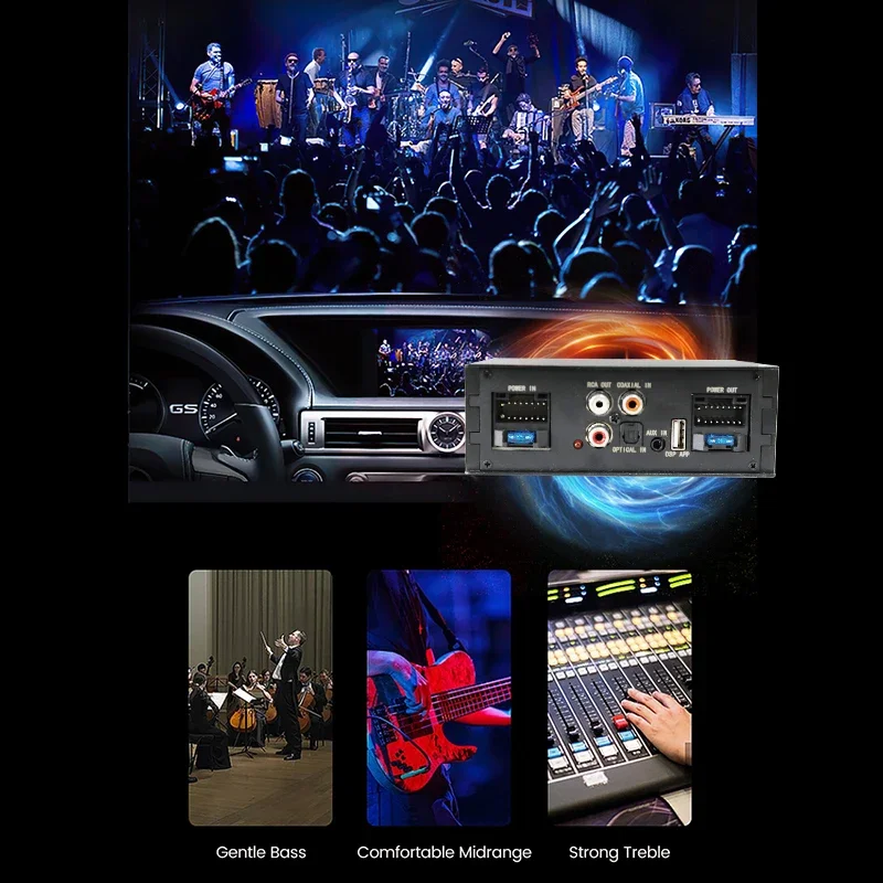 Atualização do rádio do carro Processador de Áudio Digital DSP, Amplificador de Potência, Subwoofer Stereo, TDA7851 Fibra Óptica Entrada, Plug and Play 12V, 4x50W