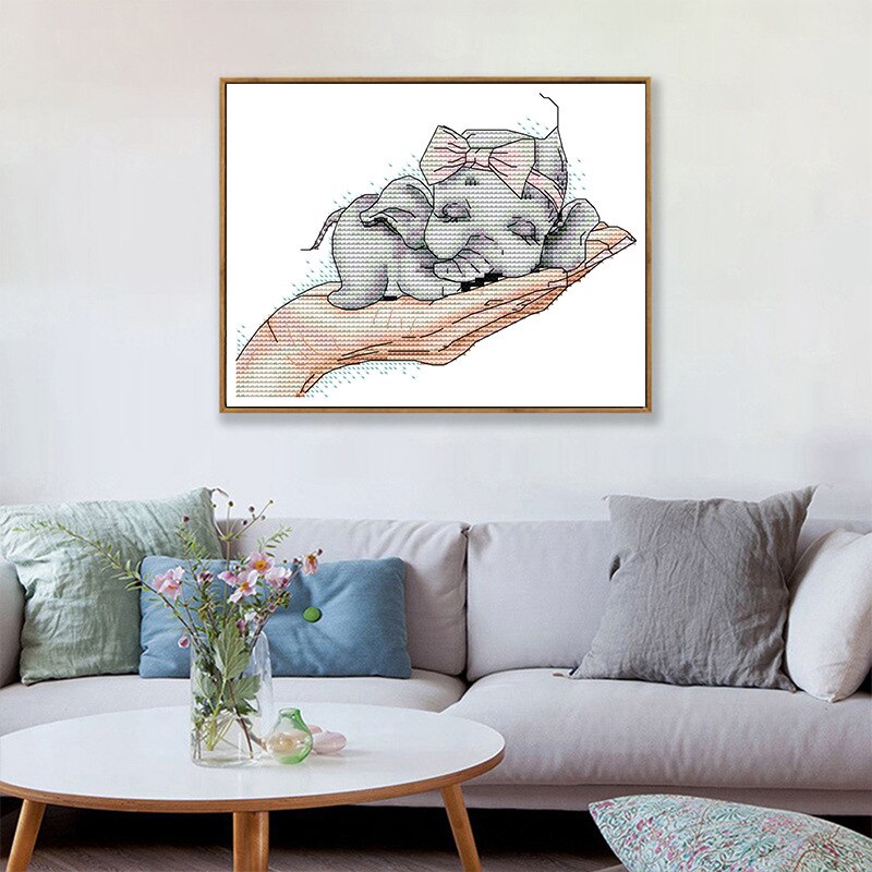 Borduurpakketten Stamped Voor Volwassenen Beginner Kids 11CT Diy Handgemaakte Borduren Handwerken Kit- Baby Olifant 27X22cm