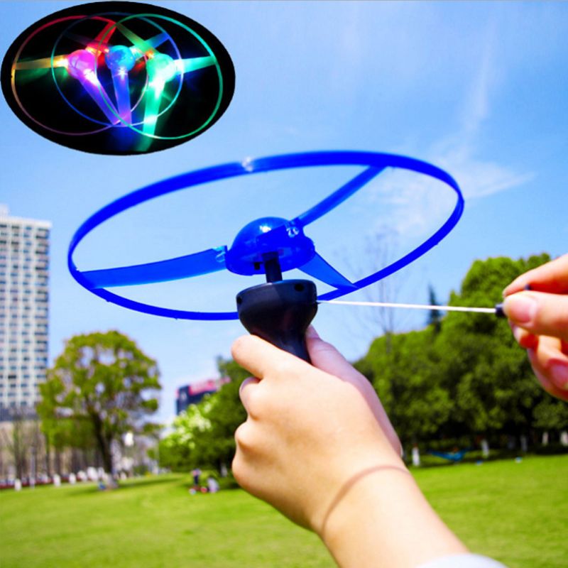 LED Flashing Plastic Pull String Flying Saucer Propeller Toy Disc Helicopter