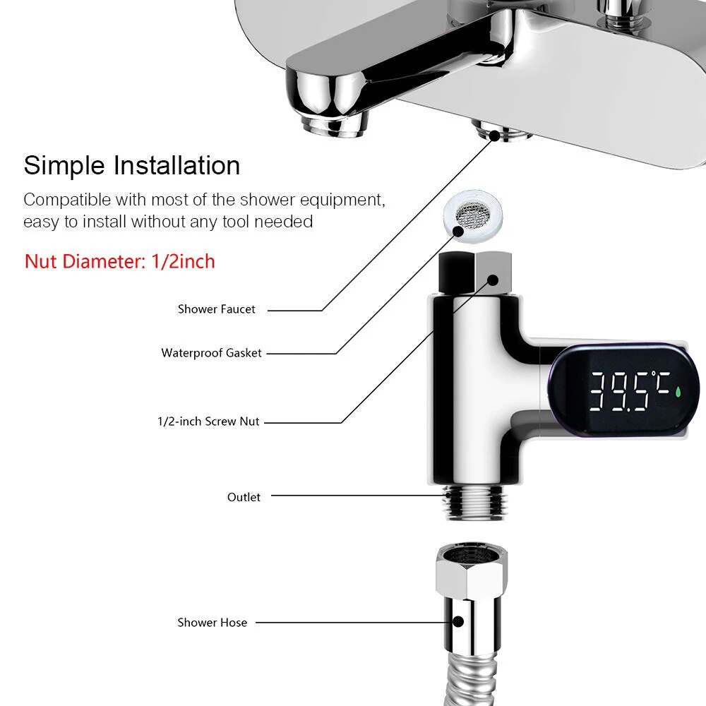 Waterproof LED Screen Bath Water Temperature Monitor Digital Shower Water Thermometer Faucet Water Flow Power Temperature Meter