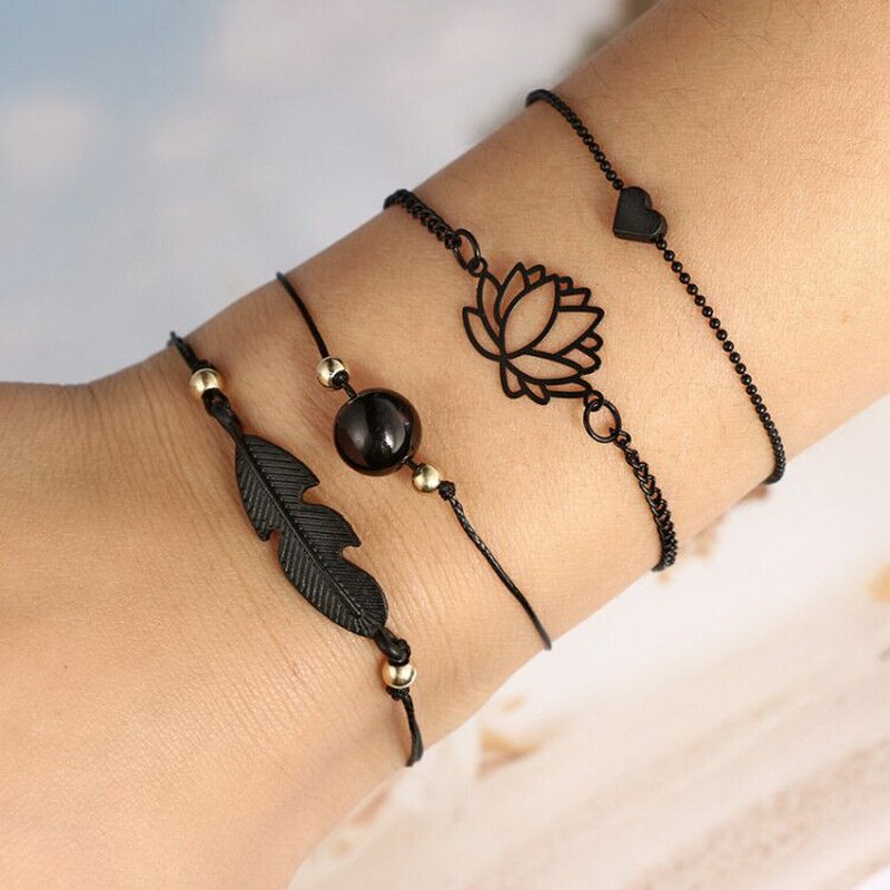 Böhmen Blatt Knoten Hand Manschette Kette Charme Armbinde Schwarz Liebe Herz Durchbrochene Lotus Ball Blätter Armbinde 4 teile/satz: 1