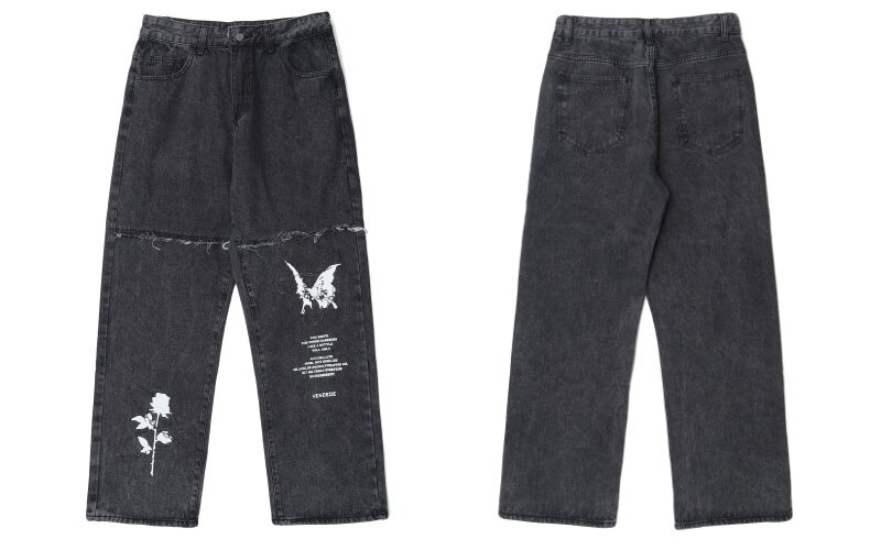 GONTHWID Denim Hosen Kette Rose Schmetterling drucken ausgebeult Jeans Streetwear Herren Hüfte hüpfen Harajuku lässig verlieren Schlauch Schwarz: Schwarz / M