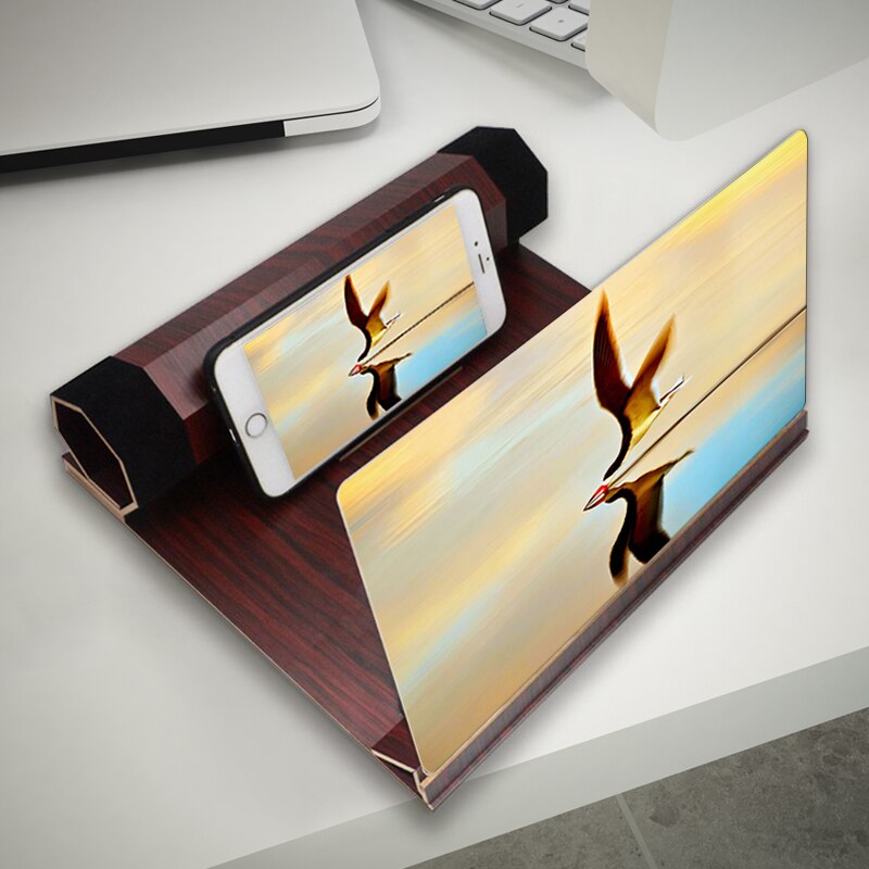 Rolled-up 12 inch and durable solid wood Mobile Phone Screen Magnifier Video Amplifier Smartphone Stand Enlarge: Dark brown