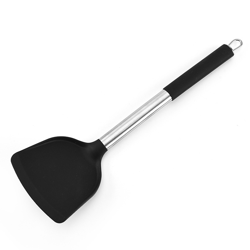 Edelstahl + Silikon Kochen Utensil Küche Werkzeuge Dreher Suppe Löffel Sieb Pasta Server Schneebesen Spachtel Lebensmittel Zange verrotten: Schwarz