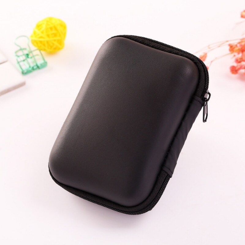 Portable Mini Zipper Hard Earphone Organizer Case Travel PU Leather Protective USB Cable Earbuds Case Bag: black