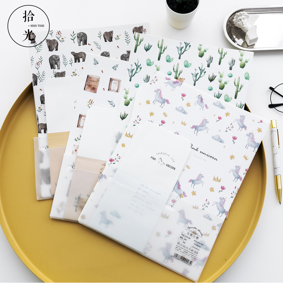 9 Stks/set 3 Enveloppen + 6 Brief Papers Cartoon Dier Eenhoorn Cactus Brief Envelop Set Briefpapier