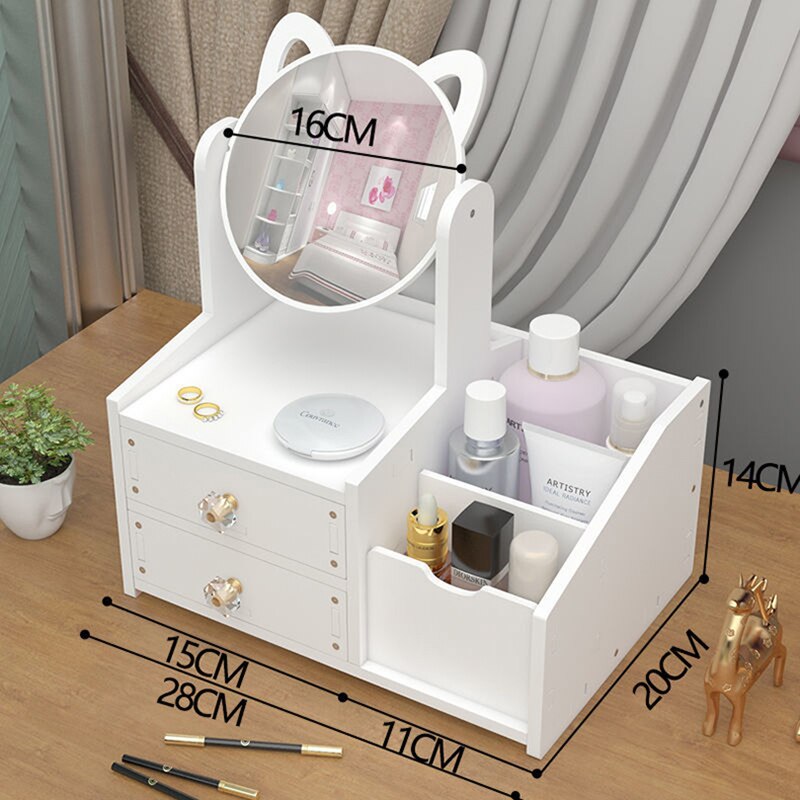 Espejo de maquillaje con orejas de gato para mujer, organizador de cosméticos de escritorio, tipo cajón de plástico de madera, caja de almacenamiento de cosméticos, estante con espejo de tocador