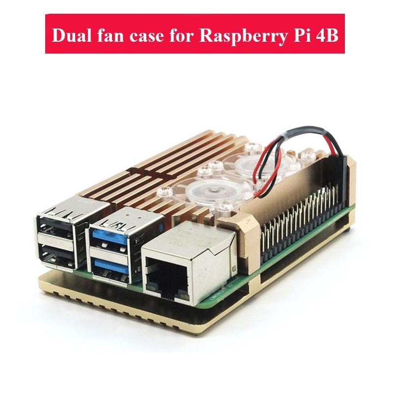 Dual fan Raspberry Pi 4 Model B / 3B + / 3B 4 color aluminum metal case with super two cooling fans + radiator suitable for RPI: Golden for 4B