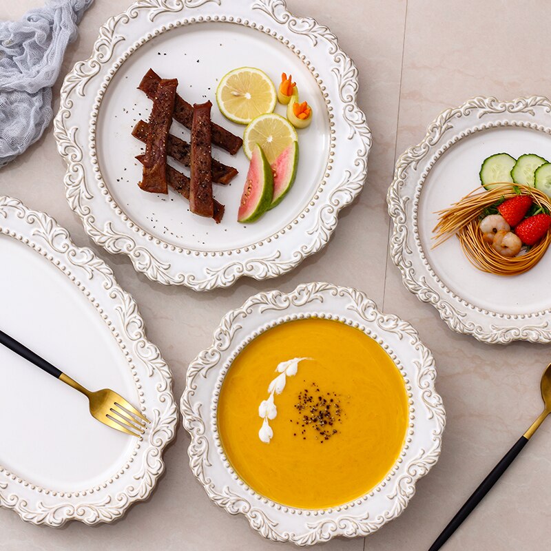 French Royal Crown Embossed Ceramic Dessert Cake Steak Plate Art Crokery Dinnerware Oval Soup Fish PLate 10/12 Inch