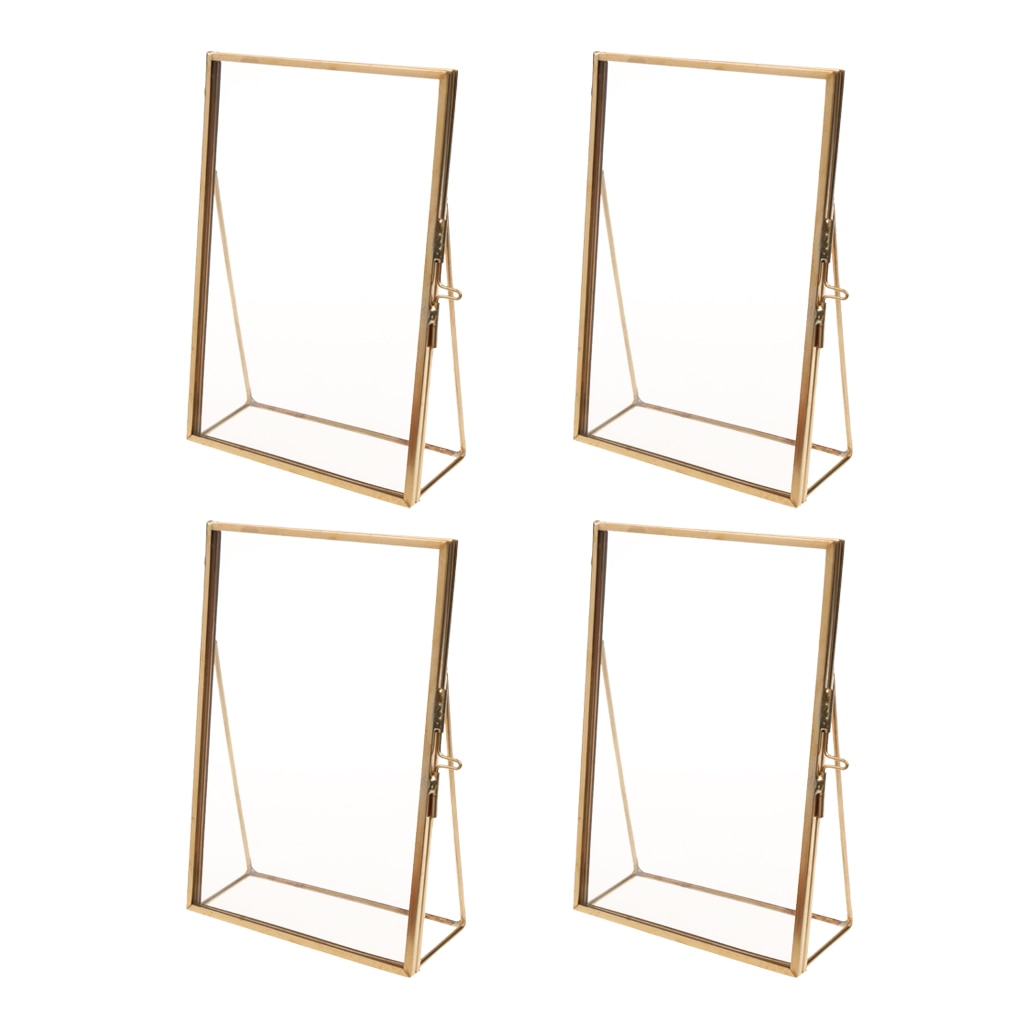 4Pcs Clear Glass Sign Holder with Gold Borders and Vertical Stand, Double Sided Table Menu Holders Picture Frames 4x6''