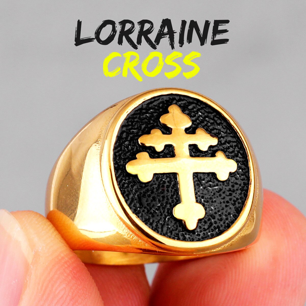 Catholic Lorraine Cross Joan of Arc Stainless Steel Mens Rings Amulet For Male Boyfriend Biker Jewelry Creativity: 9 / R562-Gold-Black