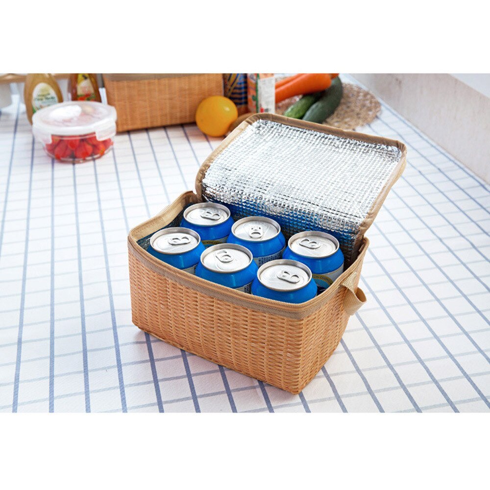 Portable Insulated Thermal Cooler Lunch Box For Kids Canvas Imitation Rattan Lunchbox Bag Food Container Bento Bags Tote Bolsa